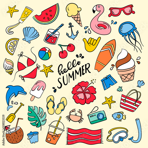 Hello Summer. Doodles colorful background.
