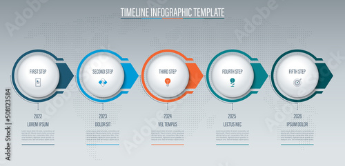 Timeline infographic template of 5 steps, parts, circles, arrows. Banner with place for text and icons. Vector background
