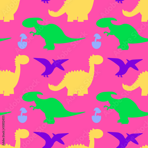 Dinosaurs and footprints vector cartoon seamless pattern on a pink background for wallpaper  wrapping  packing  and backdrop. EPS