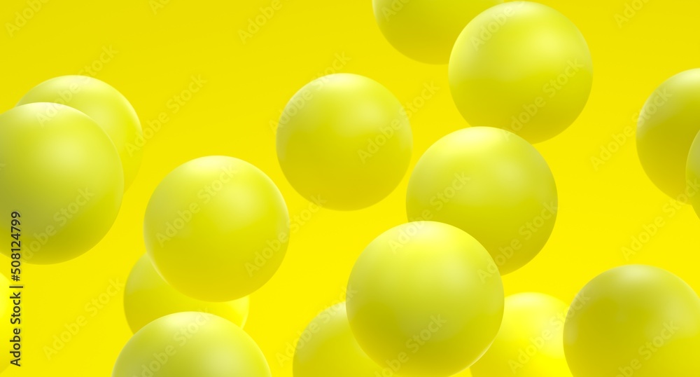 Yellow spheres. 3D illustration of balls. Yellow background with 3d bubbles. Colorful yellow fresh design concept. Banner or flyer juicy fruits background. Decoration elements for design.