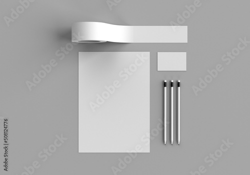 Base white stationery mockup template for branding identity on a gray background for graphic designers presentations and portfolios. 3D rendering.