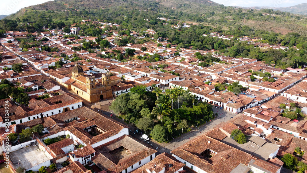 Aerial view of church and green square in the center of Barichara, Colombia.
