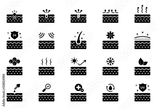 Skin Care Concept Silhouette Icon. Moisture, Cleansing Pore, UV Protect Face or Body Skin Black Pictogram. Cold, Protection, Health, Pimple Skin Icon. Isolated Vector Illustration