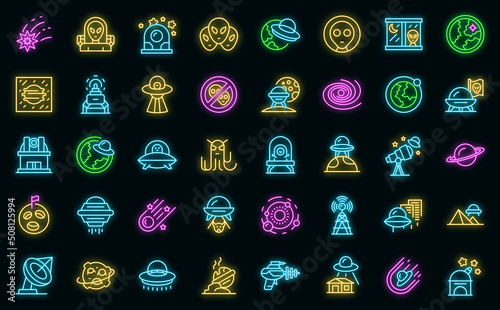 Space aliens icons set outline vector. Rocket spaceship. Monster mars vector neon