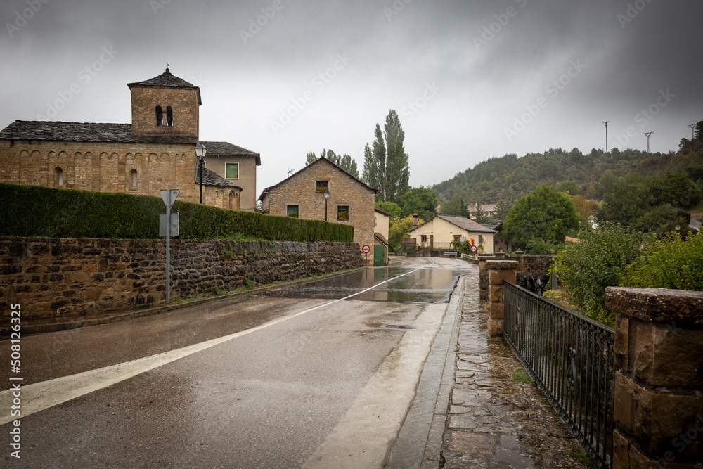 a street in Santa Cruz de la Serós (Santa Cruz d'as Serors) including the hermitage of San Caprasio, province of Huesca, Aragon, Spain