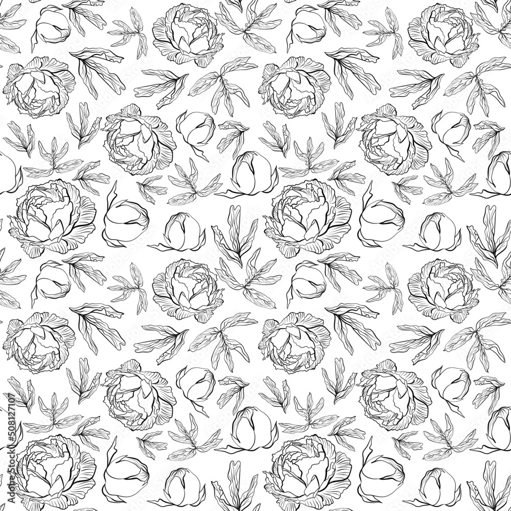 Seamless floral pattern with peonies and leaves in doodle technique on an white background Seamless floral pattern with peonies and leaves in doodle technique on an white background