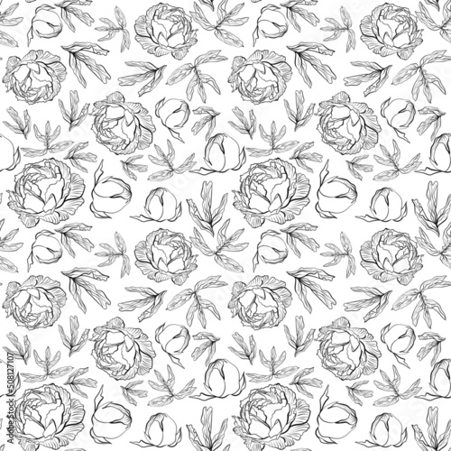 Seamless floral pattern with peonies and leaves in doodle technique on an white background 
