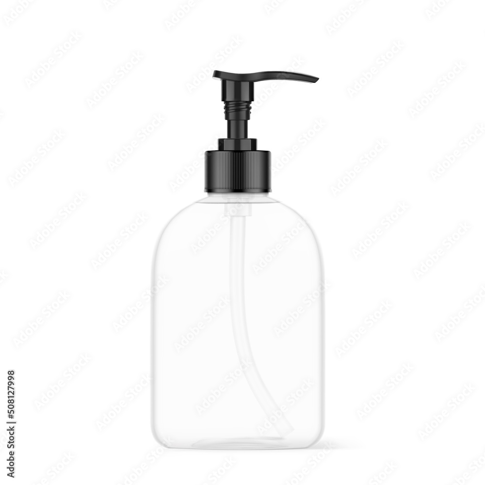 Realistic bottle with black dispenser. Vector illustration isolated on white background. Perfect for the presentation of liquid soap, disinfectant, medical, etc. EPS10. Realistic bottle with black dispenser. Vector illustration isolated on white background. Perfect for the presentation of liquid soap, disinfectant, medical, etc. EPS10.