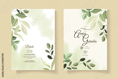 Elegant wedding invitation card with beautiful green leaves template Premium Vector