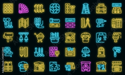Remodeling icons set outline vector. Interior carpet. Home decoration vector neon