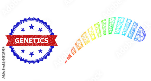 Crossing mesh worm frame icon with spectral gradient, and bicolor dirty Genetics seal stamp. Red stamp has Genetics title inside blue rosette. Colored frame network worm icon.