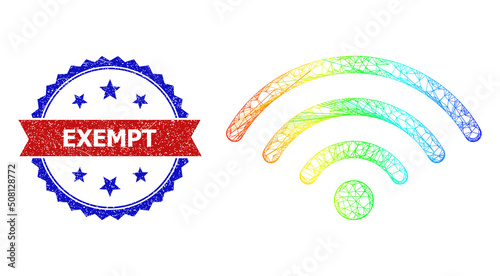 Mesh net Wi-Fi hotspot carcass illustration with spectral gradient, and bicolor dirty Exempt stamp. Red stamp contains Exempt tag inside blue rosette. Colored carcass network Wi-Fi hotspot icon.