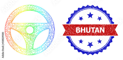Mesh net steering wheel frame icon with rainbow gradient, and bicolor scratched Bhutan stamp. Red stamp contains Bhutan tag inside blue rosette. Bright carcass net steering wheel icon.