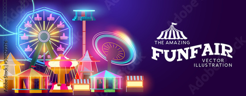 Fotografiet A glowing lit up circus with amusements and rides! Vector illustration