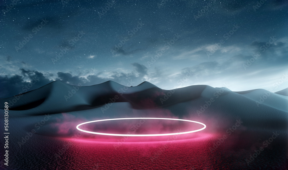 Futuristic landscape scenic with a glowing neon loop at night, product placement 3D illustration. - obrazy, fototapety, plakaty 