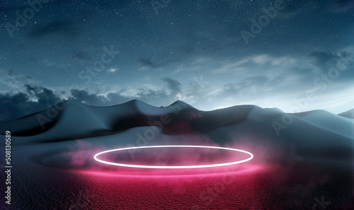 Futuristic landscape scenic with a glowing neon loop at night, product placement 3D illustration.