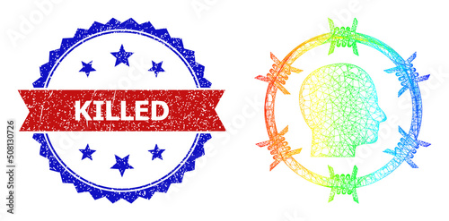Net citizen jail frame icon with spectral gradient, and bicolor unclean Killed seal stamp. Red stamp seal has Killed tag inside blue rosette. Bright frame network citizen jail icon.