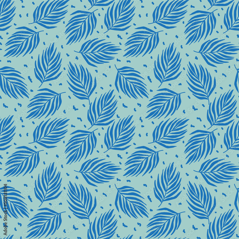 The pattern is Tropical palm trees. Illustration of palm leaves. Vector natural background with foliage elements. Vector illustration