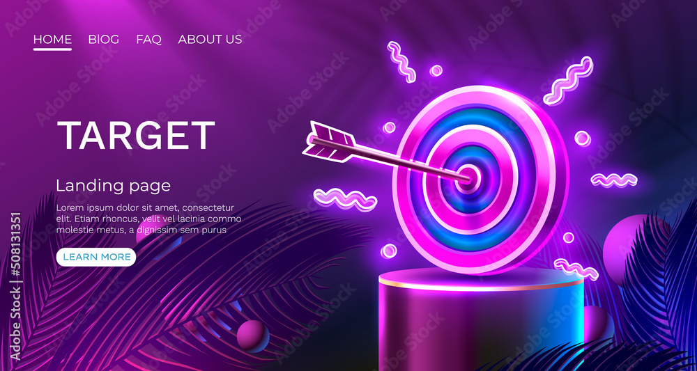 Target neon landing page, banner business 3d icon. Vector