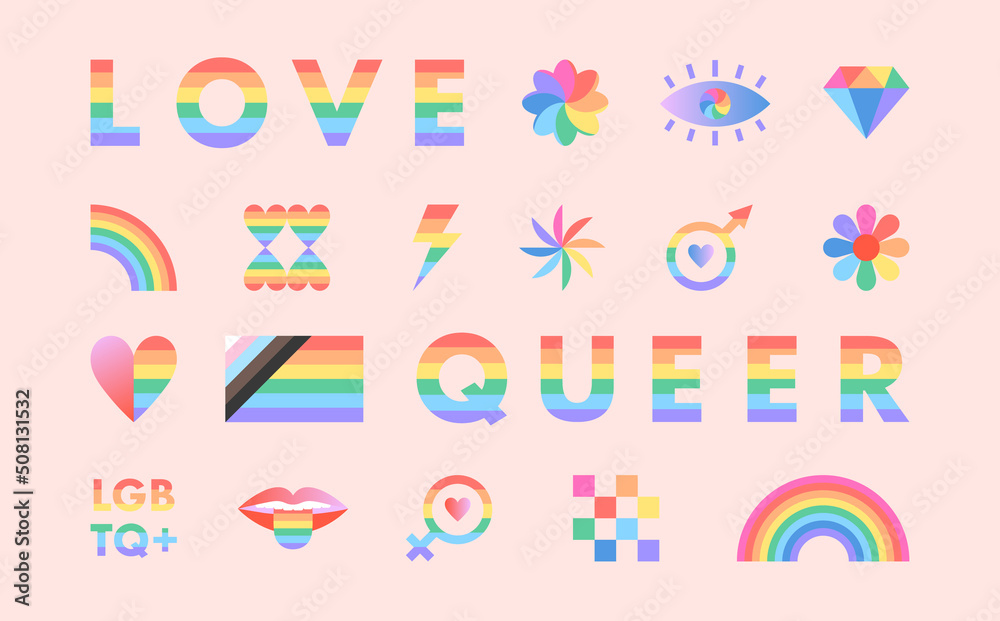 Pride month signs or symbols represents LGBTQ+ community.Vector lgbt emblems set in rainbow colors.Flag,gender signs,hearts.Human rights movement concept.Gay parade.Colorful stickers or patches. Pride month signs or symbols represents LGBTQ+ community.Vector lgbt emblems set in rainbow colors.Flag,gender signs,hearts.Human rights movement concept.Gay parade.Colorful stickers or patches.
