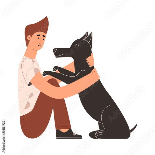 The boy hugs his dog. The concept of emotional support for animals. Mental positive therapy. Vector illustration