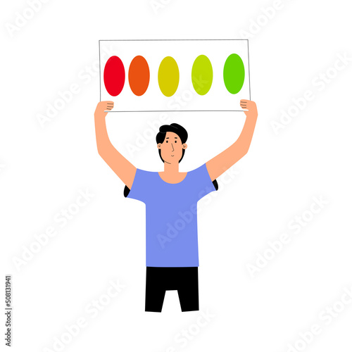 Concept CSAT, CES, NPS. Man holding a scale for customer reviews. Vector illustration in flat design.