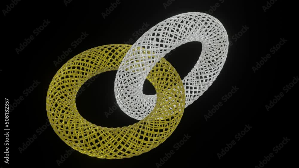 Gold and silver wireframe torus connected on black background and rotating. 3d logotype in seamless animation.