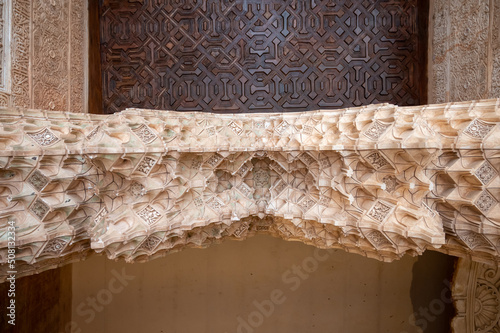 Ornamental ceiling and walls in Nasrid Palaces in the Alhambra palace Granada, Andalusia, Spain