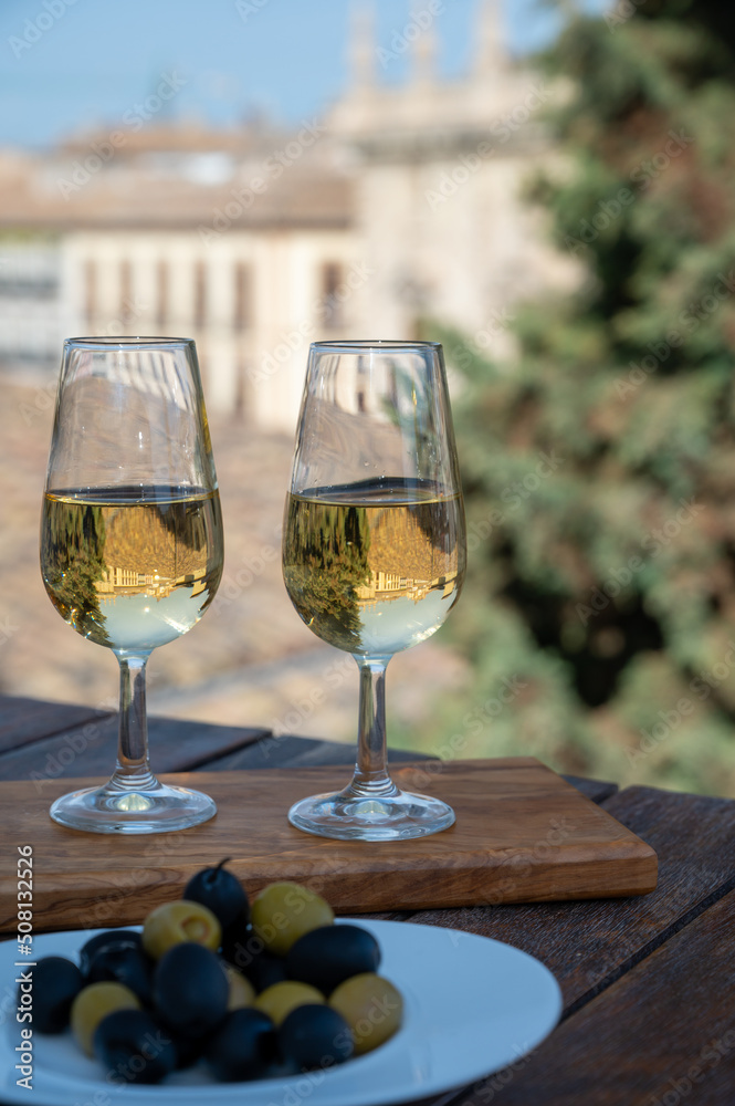 Tasting of Spanish sweet and dry fortified Vino de Jerez sherry wine and olives with view on roofs and houses of old andalusian town Tasting of Spanish sweet and dry fortified Vino de Jerez sherry wine and olives with view on roofs and houses of old andalusian town