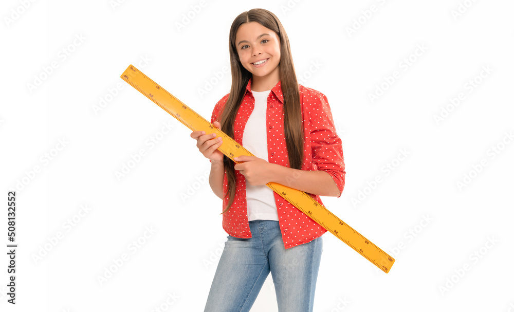 happy teen girl hold ruler study math at school isolated on white, education happy teen girl hold ruler study math at school isolated on white, education