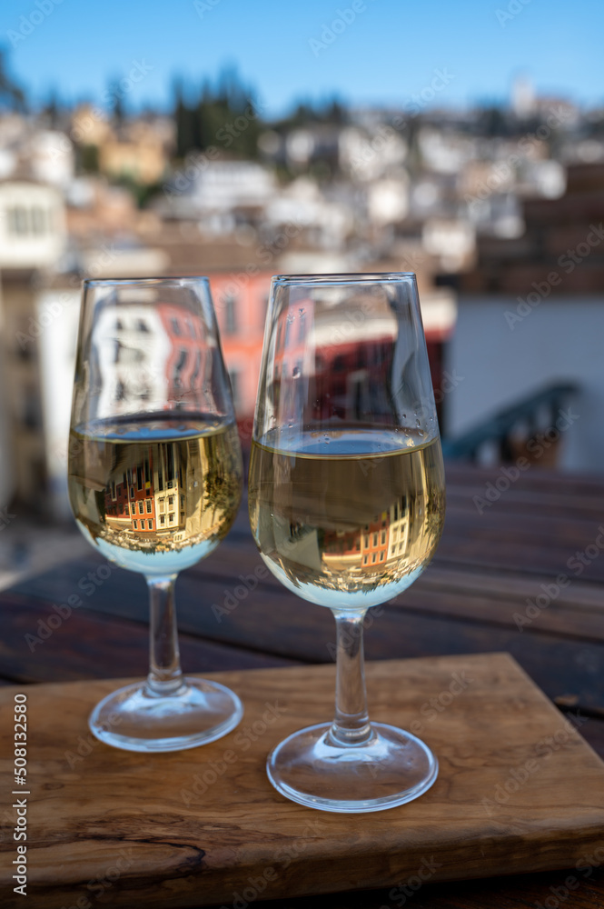Tasting of sweet and dry fortified Vino de Jerez sherry wine with view on roofs and houses of old andalusian town Tasting of sweet and dry fortified Vino de Jerez sherry wine with view on roofs and houses of old andalusian town