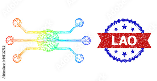 Crossing mesh circuit node frame illustration with spectral gradient, and bicolor rubber Lao watermark. Red stamp includes Lao title inside blue rosette. Vibrant frame mesh circuit node icon.