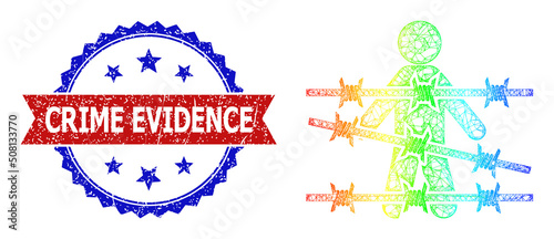 Net man arrest model icon with spectrum gradient, and bicolor scratched Crime Evidence seal stamp. Red stamp seal has Crime Evidence tag inside blue rosette. Bright frame network man arrest icon.
