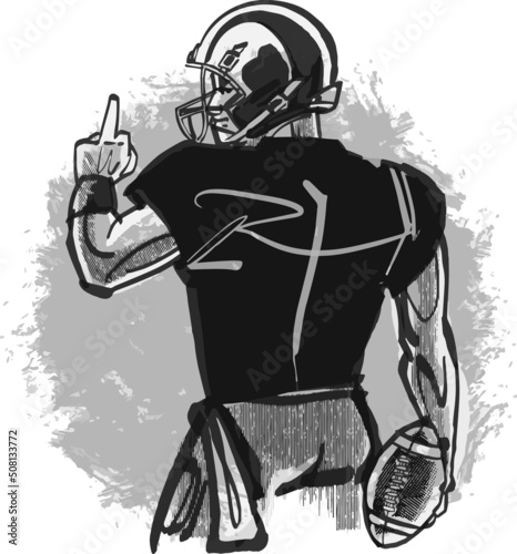 American footballer black and white illustration with ball in his hands  
