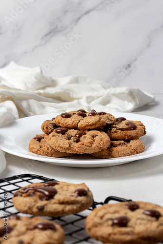 Cookies with chocolate chip on a plate. Selective focus.