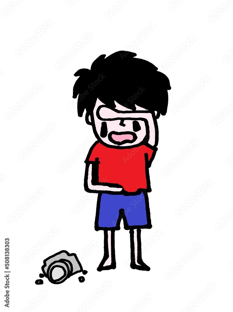カメラを落として壊して泣いている男の子 カメラを落として壊して泣いている男の子