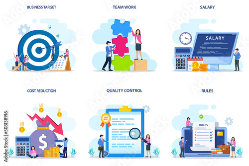 Set bundle Business concept. business target, team work, salary, qost reduction, quality control & rules.