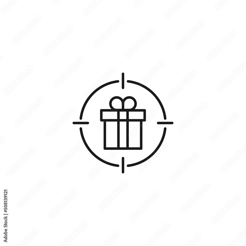 Simple black and white illustration perfect for web sites, advertisement, books, articles, apps. Modern sign and editable stroke. Vector line icon of opened box inside target Simple black and white illustration perfect for web sites, advertisement, books, articles, apps. Modern sign and editable stroke. Vector line icon of opened box inside target