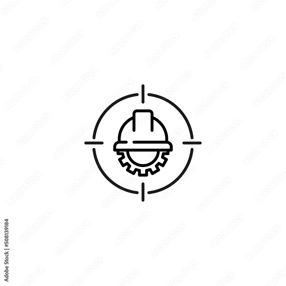 Simple black and white illustration perfect for web sites, advertisement, books, articles, apps. Modern sign and editable stroke. Vector line icon of gear under helmet inside target Simple black and white illustration perfect for web sites, advertisement, books, articles, apps. Modern sign and editable stroke. Vector line icon of gear under helmet inside target
