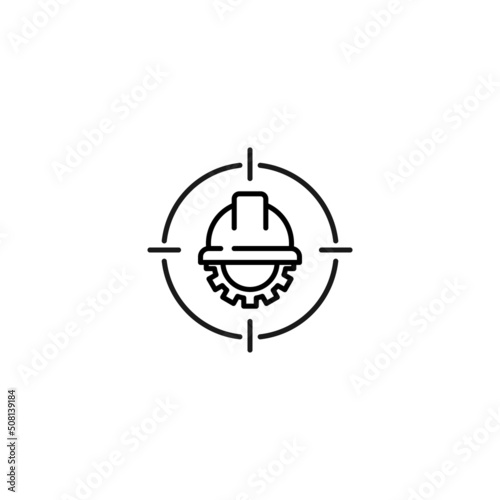 Simple black and white illustration perfect for web sites, advertisement, books, articles, apps. Modern sign and editable stroke. Vector line icon of gear under helmet inside target