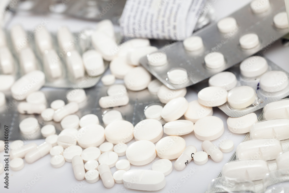 Pile of pills and other drugs closeup. High quality photo