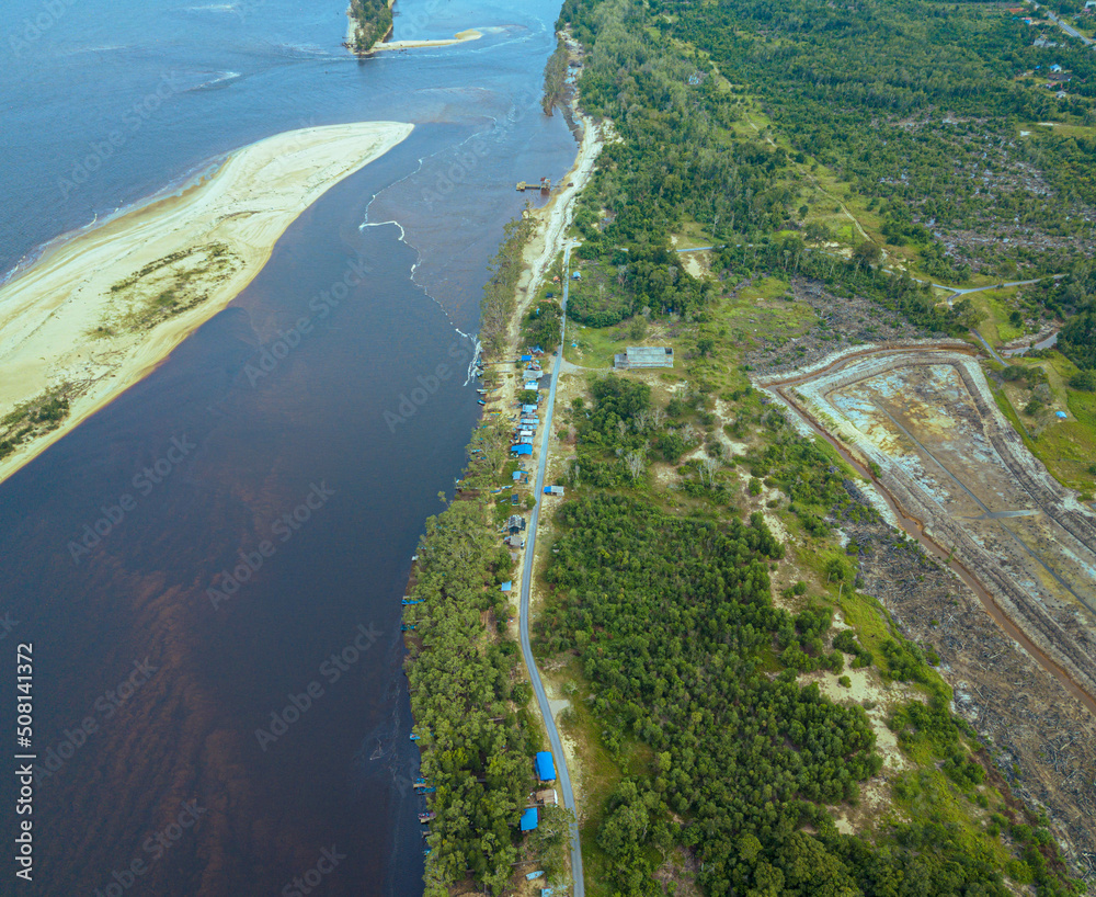 Aerial drone view of coastline scenery in Kampung Badong, Pekan, Pahang, Malaysia.