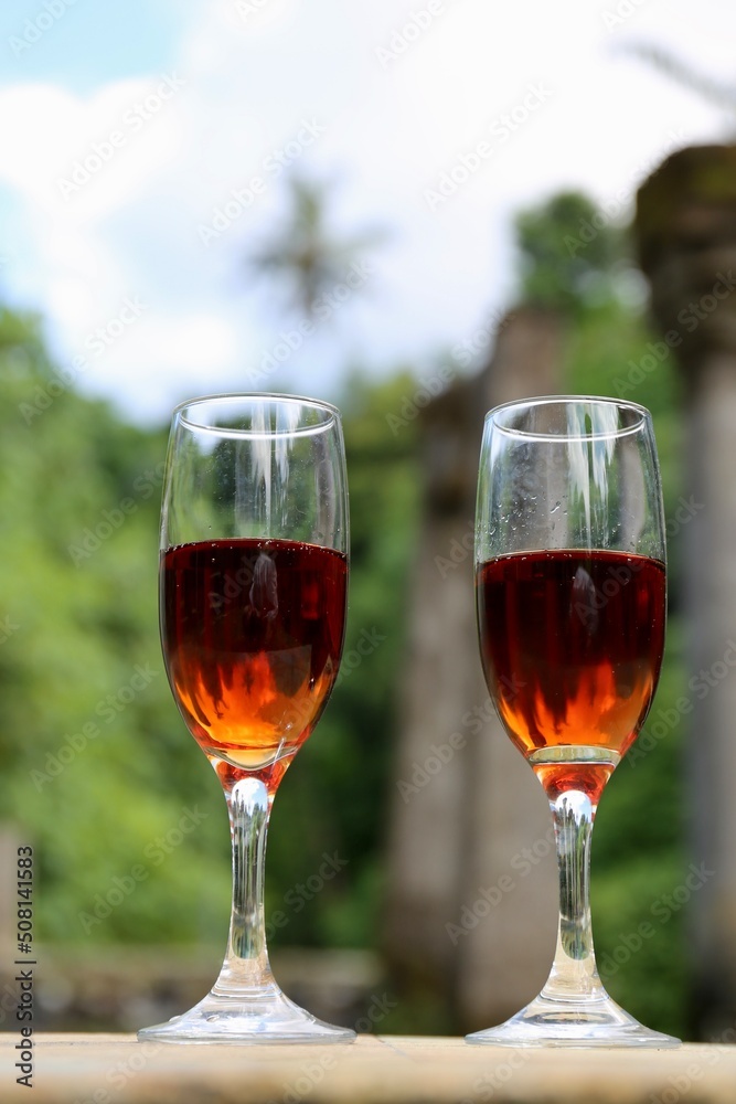 two glasses with red wine in the tropics garden