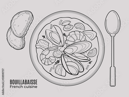 French bouillabaisse soup. Top view outline doodle style illustration.