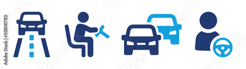 Driving car icon vector set. Drive vehicle on the road, driver holding steering wheel. Transportation concept sign symbol.