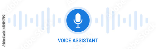 Voice assistant banner with microphone button vector icon and soundwave symbol background.