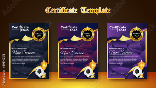 Soccer Game Certificate Diploma With Golden Cup Set Vector. Football. Sport Award Template. Achievement Design