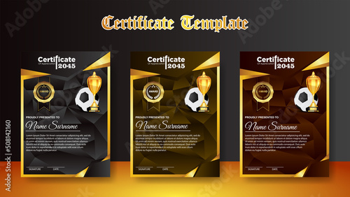 Soccer Game Certificate Diploma With Golden Cup Set Vector. Football. Sport Award Template. Achievement Design