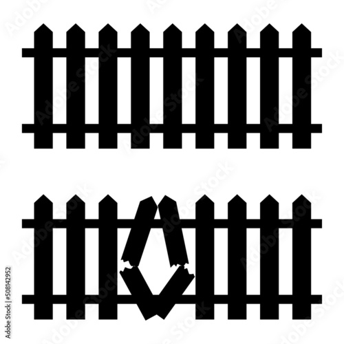 Retro black palisade. White background. wooden broken fence. Vector illustration. Stock image. 