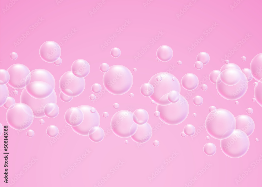Soap bubbles. Vector illustration. Glowing flying water bubbles on pink background